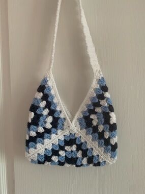 Handmade Crocheted Blue & White Granny Square Shoulder Bag for Books